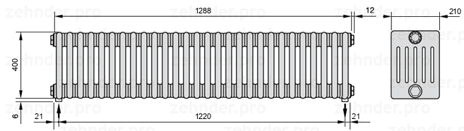 Схема (чертеж) Радиатор Zehnder Charleston 6040/28 №5310 Белый глянцевый RAL 9016